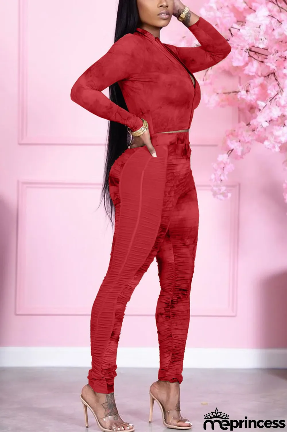 Blue Casual Print Solid Split Joint Zipper Collar Long Sleeve Two Pieces