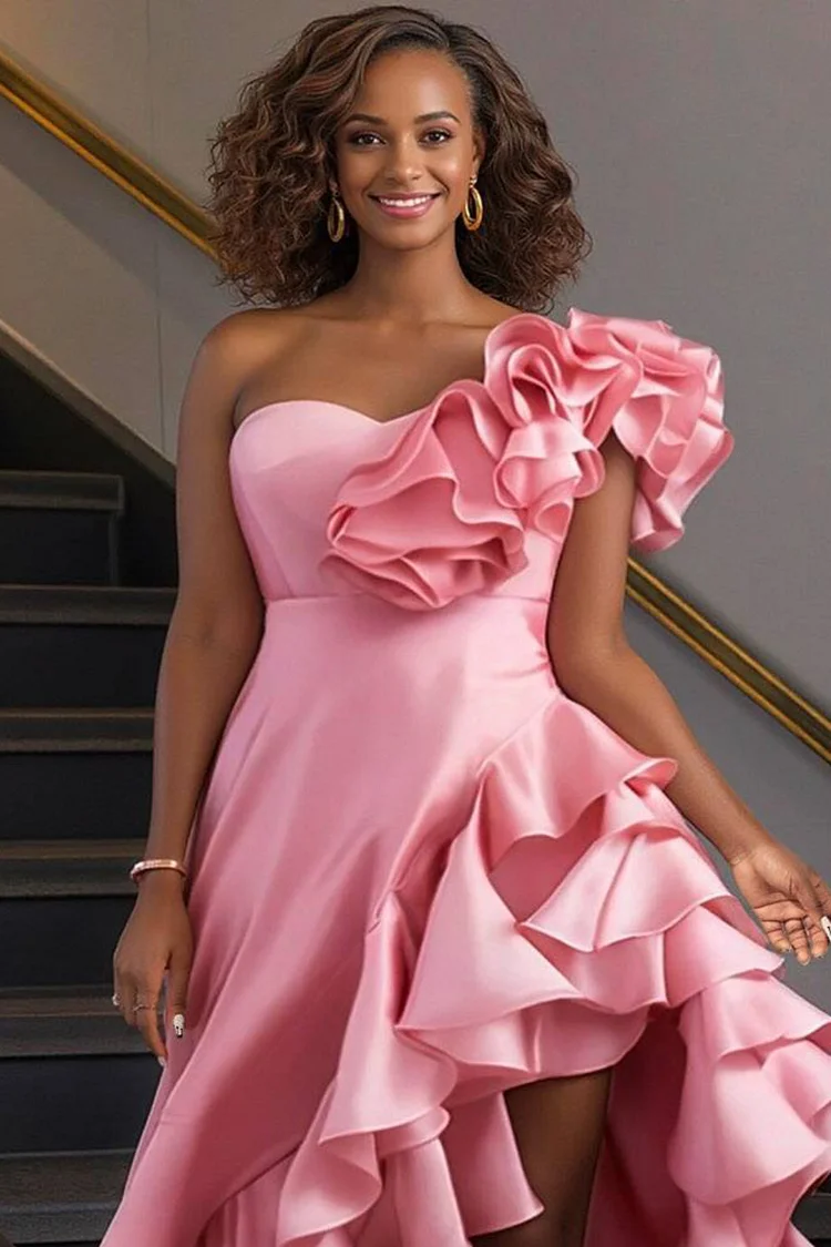 Xpluswear Design Plus Size Wedding Guest Pink One Shoulder Ruffle Elegant High Low Hem Satin Midi Dresses [Pre-Order]