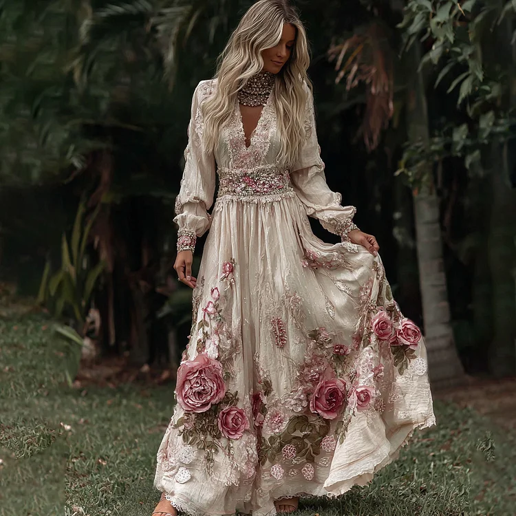 Women's Pink Roses Embroidery Art V-neck Long Sleeves Maxi Dress