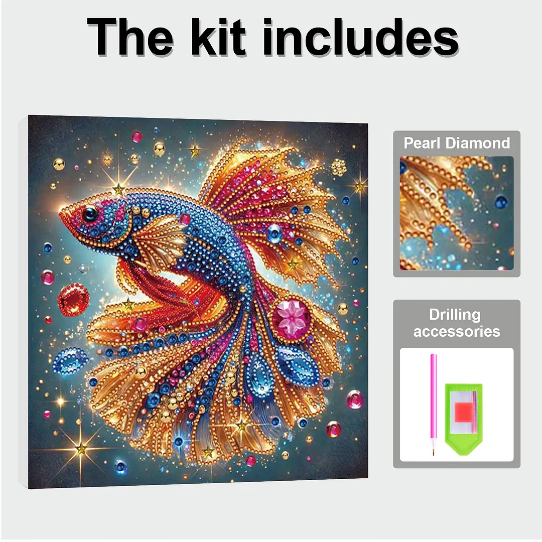 Fish DIY Special Shape Drill Art Craft Pearl Diamond Painting with Frame 25x25cm Diamond Art Pearl Painting Kit for Adults Beginners Home Decor