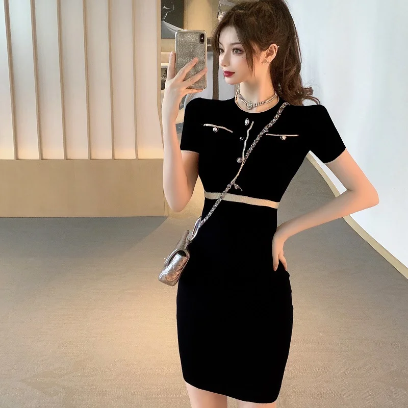 Uveng Uveng Summer New Korean Version Of The New Temperament Small Fragrant Fashion Slim Slimming High-Waist Short-Sleeved Dress