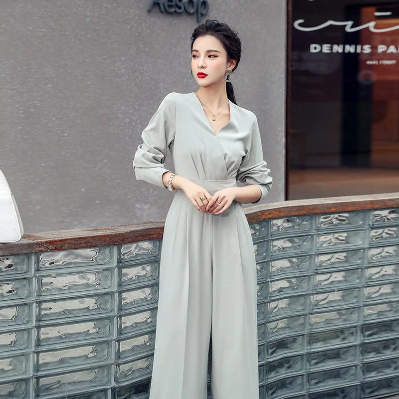 Graduation gift Elegant Woman's Solid V-Neck Playsuit Ladies Green Overalls Combinations Jumpsuit Casual Straight Romper Autumn Female Outfit