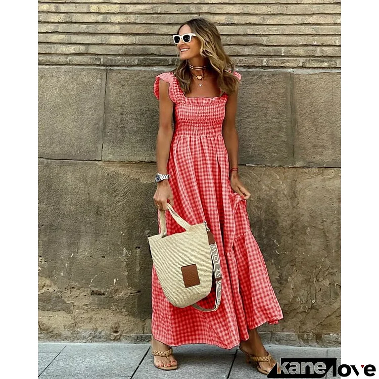 Women Fashion Casual Vacation Boho Plaid Pattern Ruffled Maxi Dress