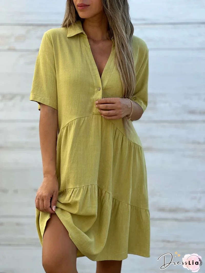 Women Plus Size Linen Cotton Short Sleeve Midi Dress