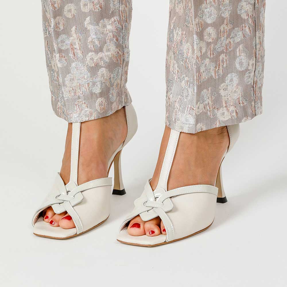 Square Toe 3'' Stiletto Heel T-Strap Buckled Sandals In Ivory Nicepairs