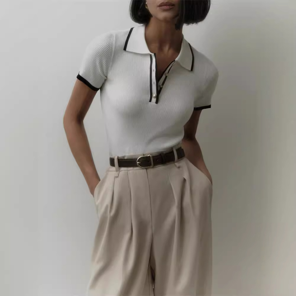 Ootddress Knit Sweater Pullover Women Short Sleeve Patchwork Slim Lapel Elegant Contrast Knitwear Top Female Skinny Ribbed Pullover