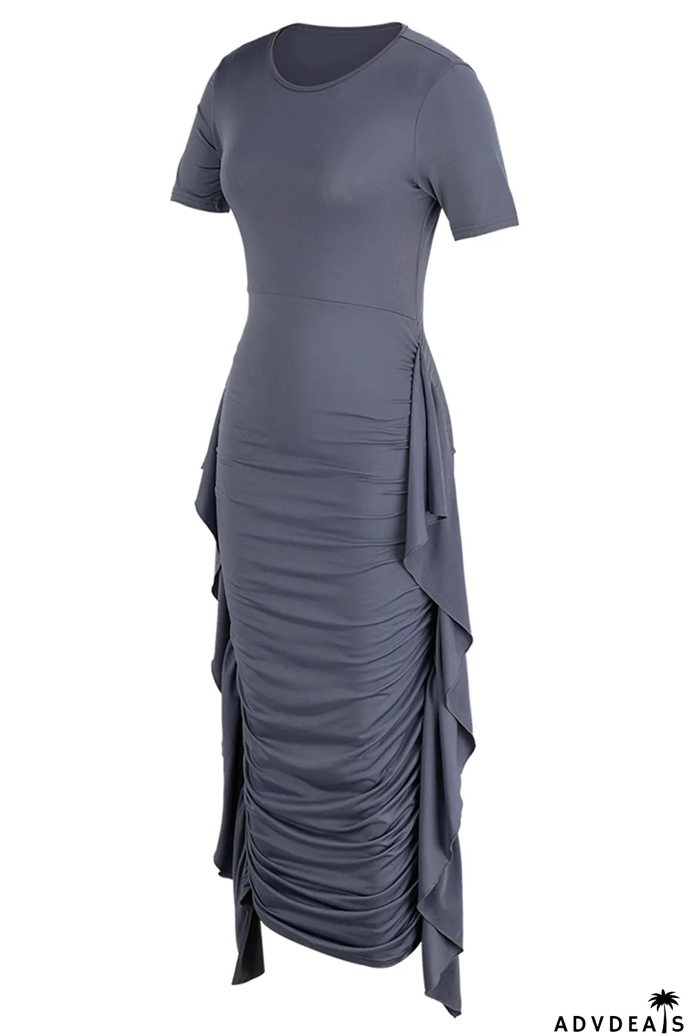 Brown Fashion Solid Flounce Fold O Neck Pencil Skirt Dresses