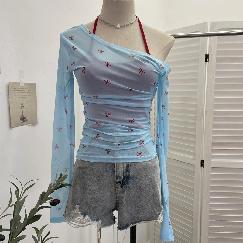 Uveng Fake Two Hanging Neck Sling Long-Sleeved T-Shirt Two Sets Of Thin Outer Sunshield Shirt Short Oblique Shoulder Coat 8861