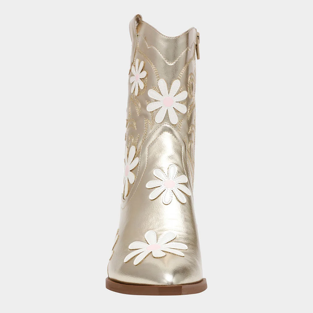 Champagne Pointed Toe Flower Stacked Heel Zipper Booties for Women