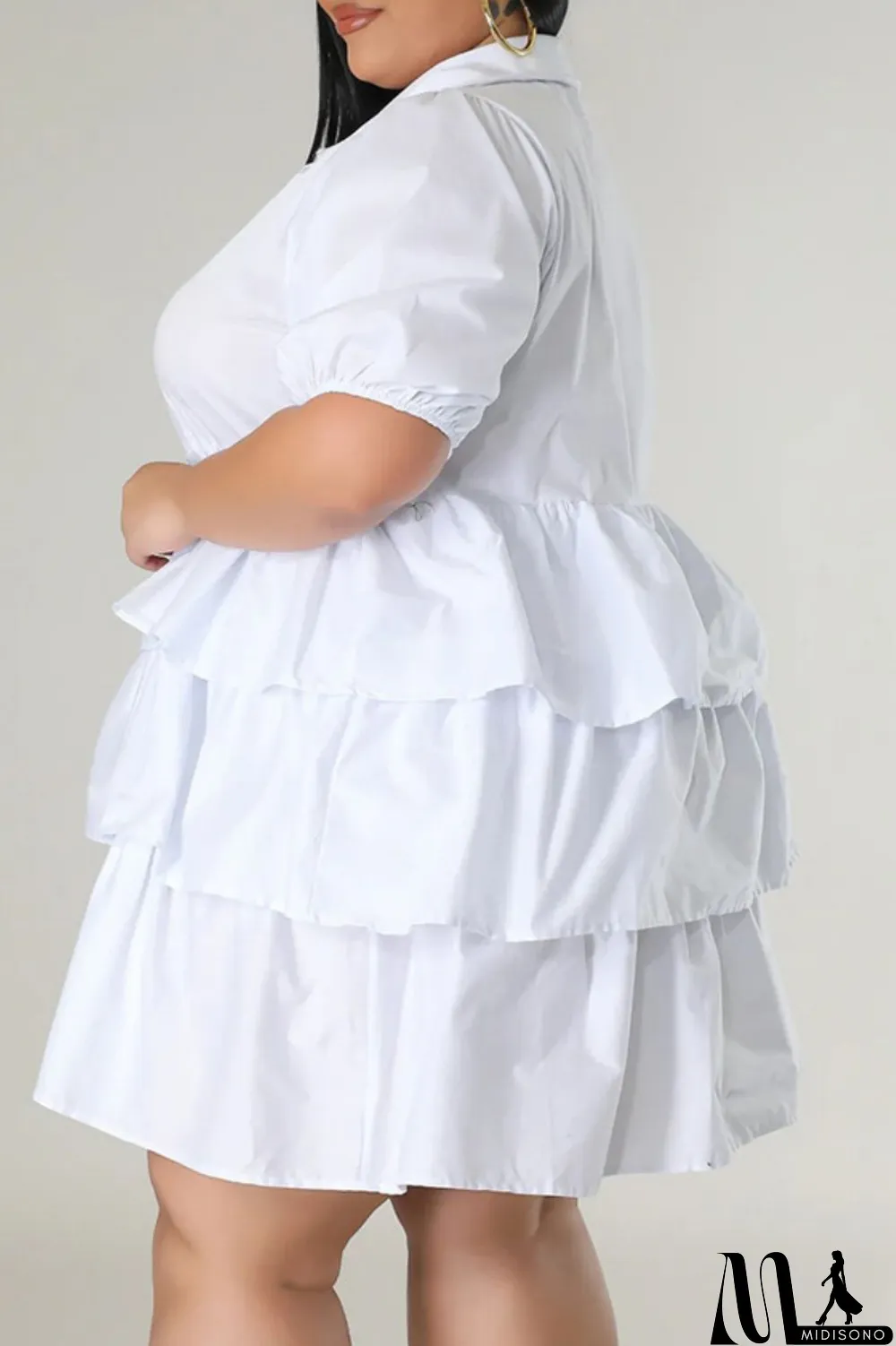 MidiSono - Light Blue Casual Solid Patchwork Turndown Collar Cake Skirt Plus Size Dresses