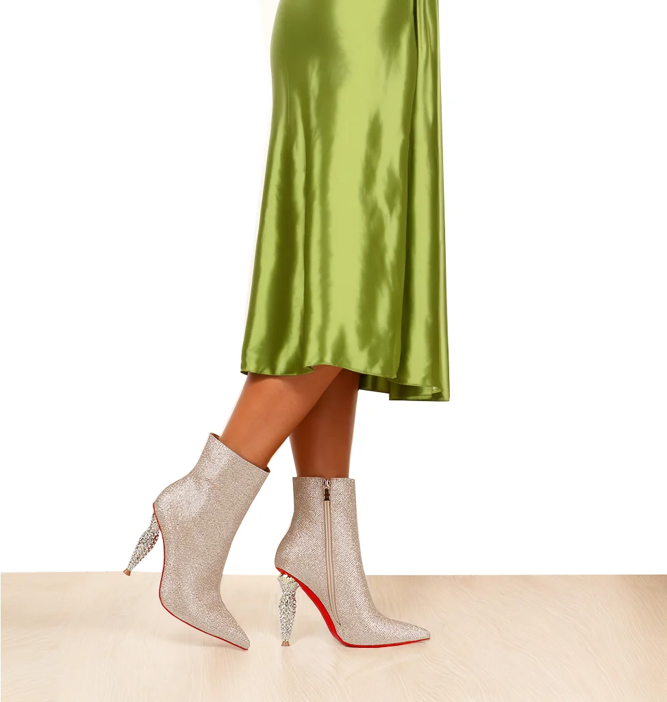 100mm Women's Pointed Toe Red Bottom Glitter Lipbooty High-Heel Booties Ankle Heeled Boots-MERUMOTE