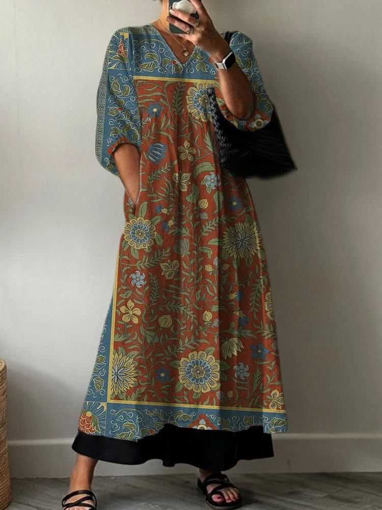 Women's Vintage Floral Print Pocket V-neck Cotton Dress