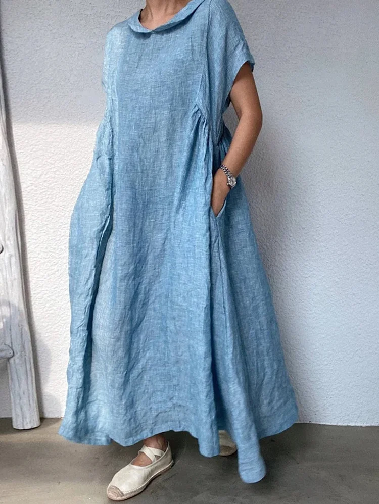Casual Plain Shawl Collar Short Sleeve Loose Pocket Maxi Dress