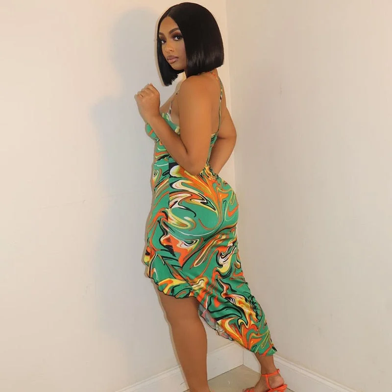 BIIKPIIK Colourful Printing Spaghetti Strap Dress Women Sexy Summer Beach Dresses Holiday Sleeveless High Slit Elegant Clothing