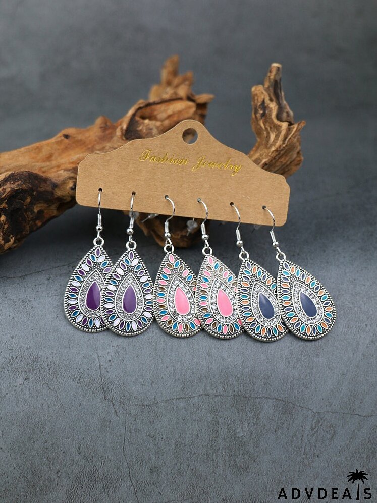 3pairs Water Drop Decor Drop Earrings
