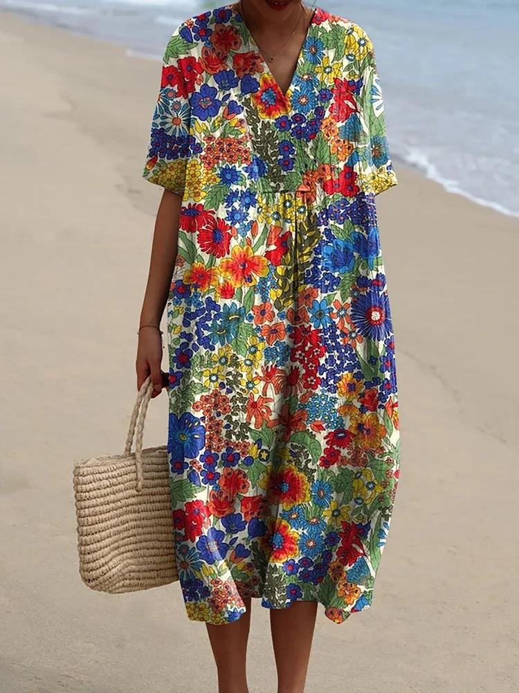 Retro Style Summer Floral Pattern Printed Women's Flowy Dress