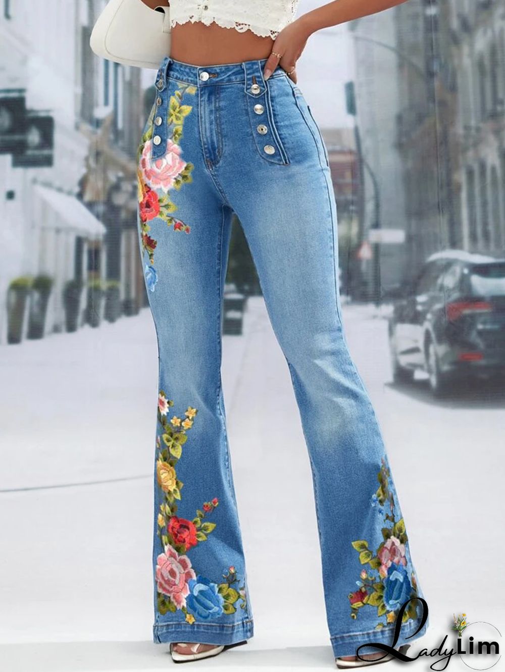 UR Daily Floral Embroidery Denim High Waist Button Design Jeans