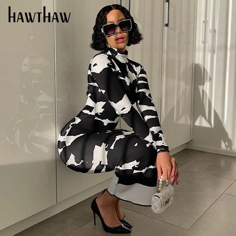 Hawthaw Women Fashion Autumn Long Sleeve Printed Bodycon Pencil Long Dress Streetwear 2021 Fall Clothes Wholesale Items