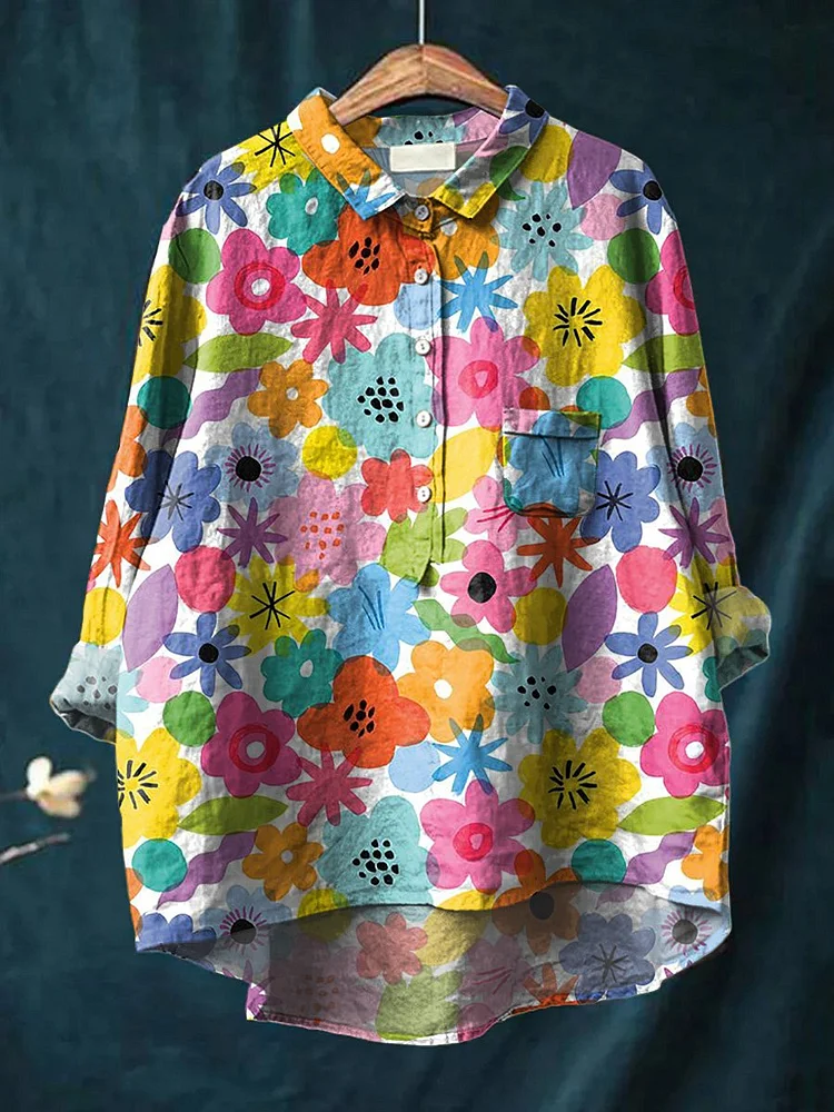 Colorful Summer Floral Pattern Printed Women's Casual Cotton And Linen Shirt