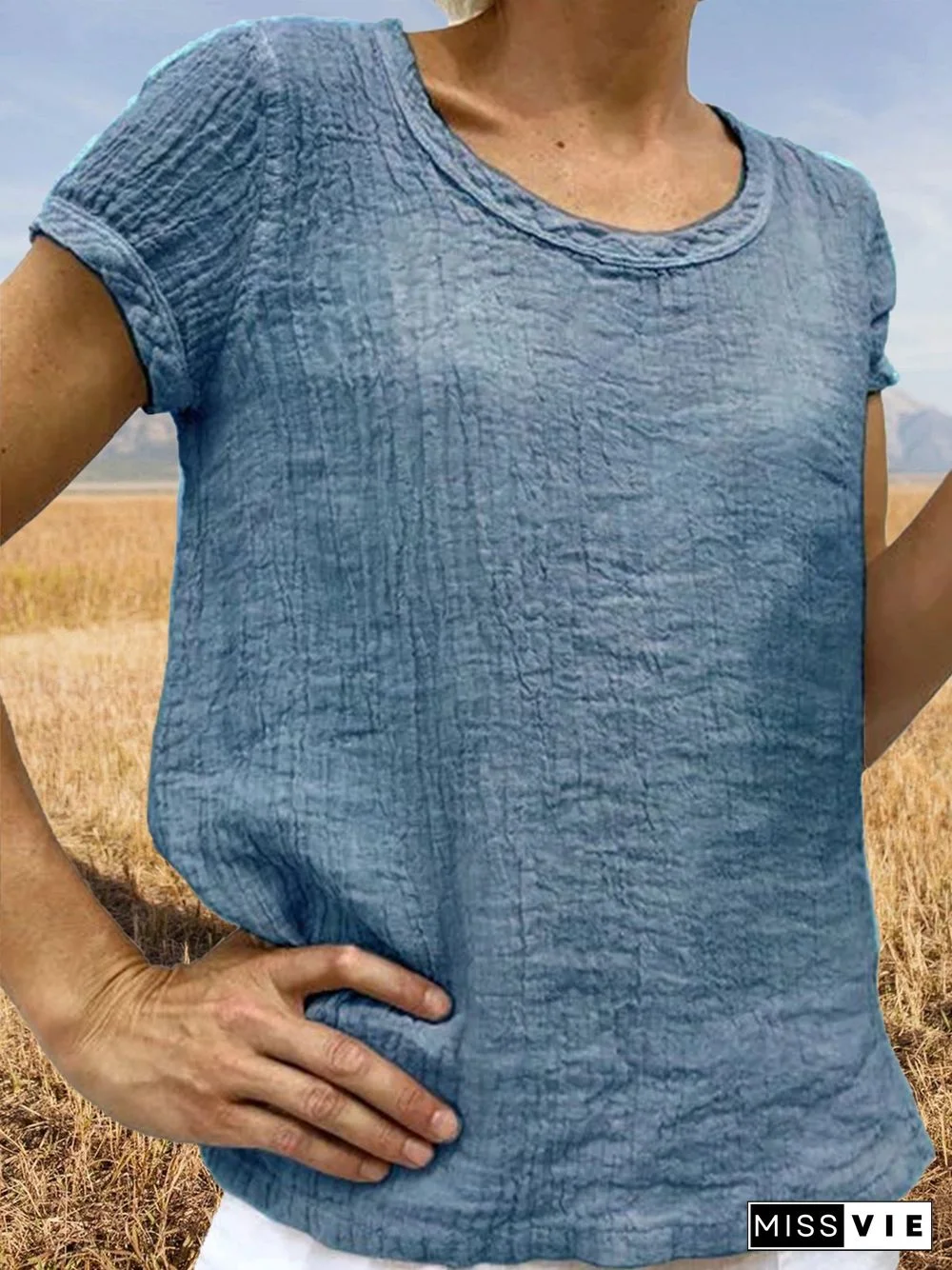 Women Casual Linen Cotton Plain Short Sleeve Blouses