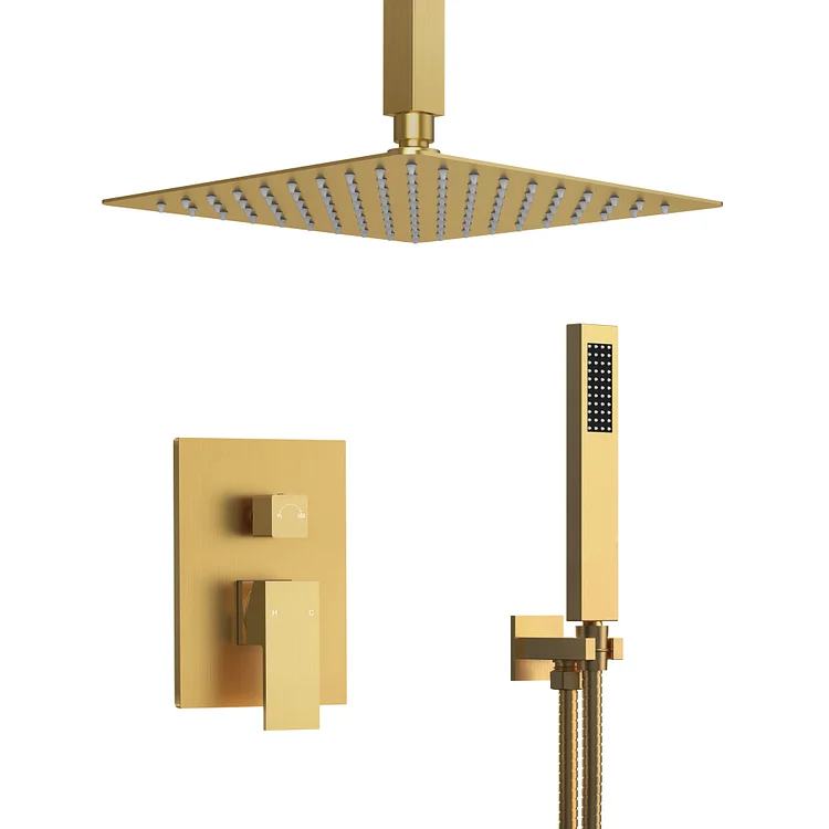 EVERSTEIN Ceiling Mount Rainfall Thermostatic Shower System in Brushed Gold, 10 In.