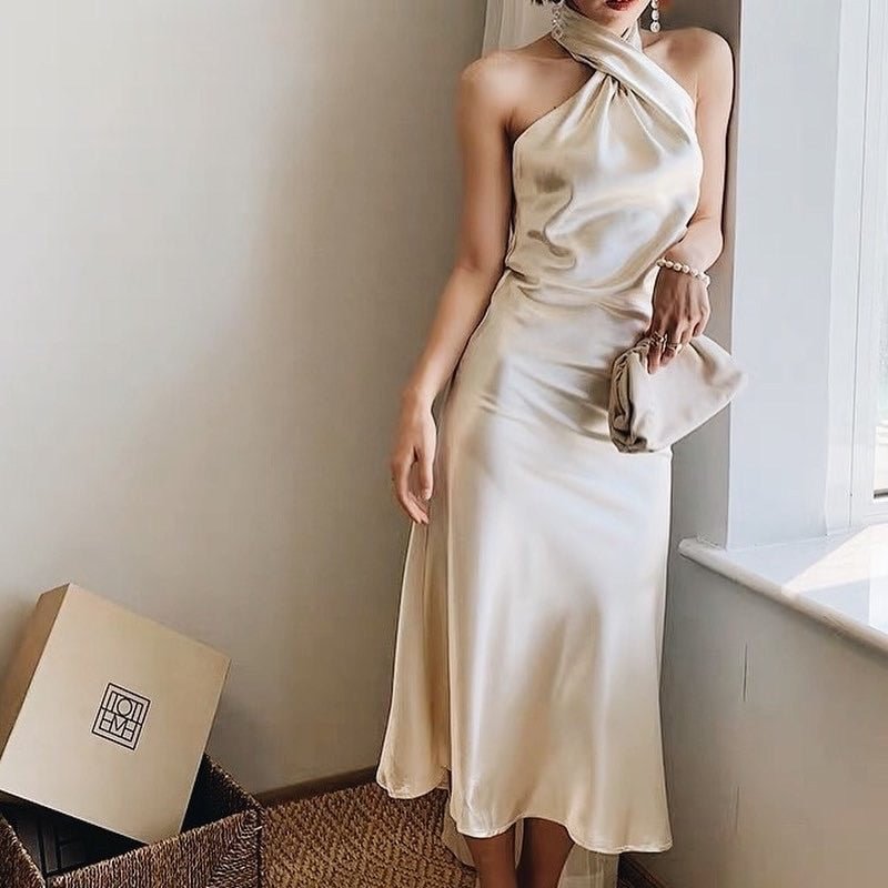 Summer Dress Beige Off Shoulder Maxi Dress Women Clothing Sleeveless Satin Long Dress Halter Women Dress Vestidos Party