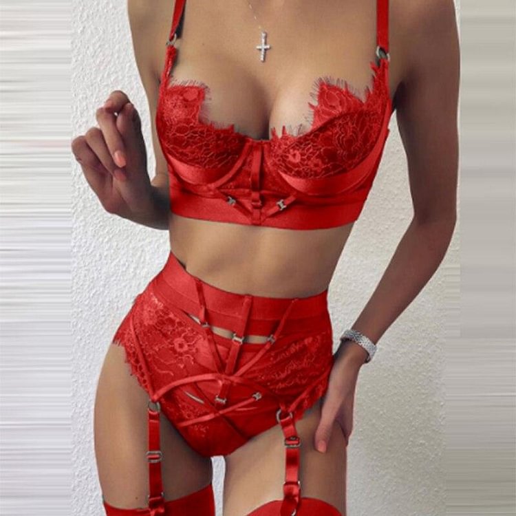 Ladies Hollow Out Lace Sets Sexy Lace-Up Bodycon Erotic Lingerie Pajamas Elegant V-Neck Sleeveless 2 Piece Suit Women Sleepwear 1010