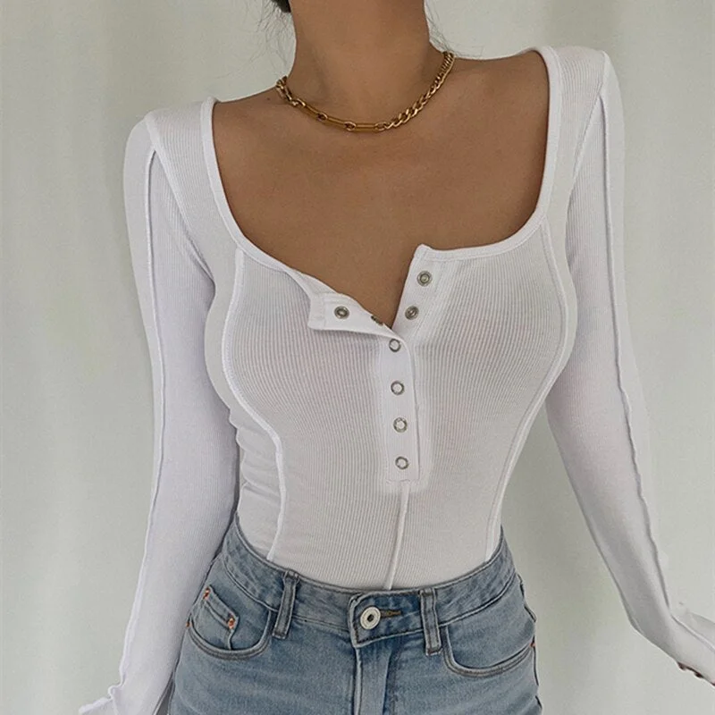 Women Spring Summer Casual Slim  Top Female Square Collar Long Sleeve Skinny Tee Ladies T-Shirt Streetwear