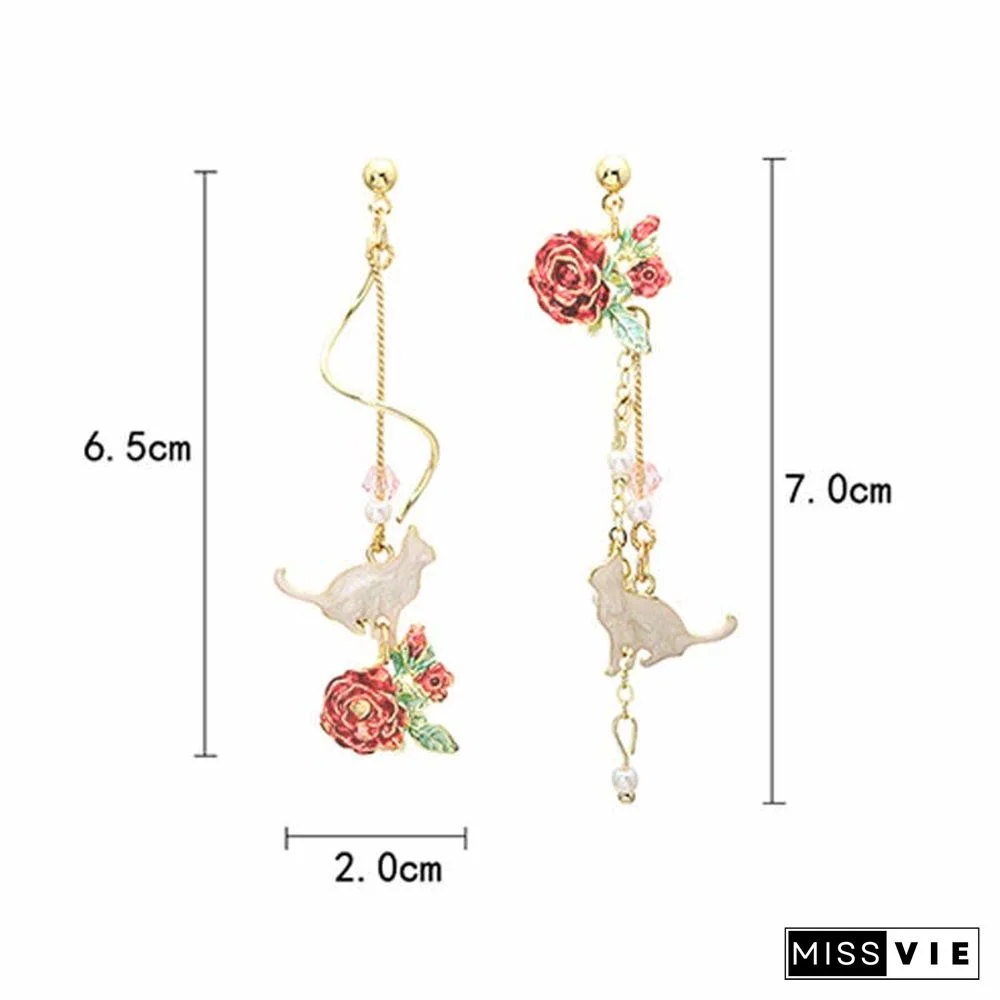 Asymmetrical Cat Blossom 925 Sterling Silver Stud Earrings Ear Clip