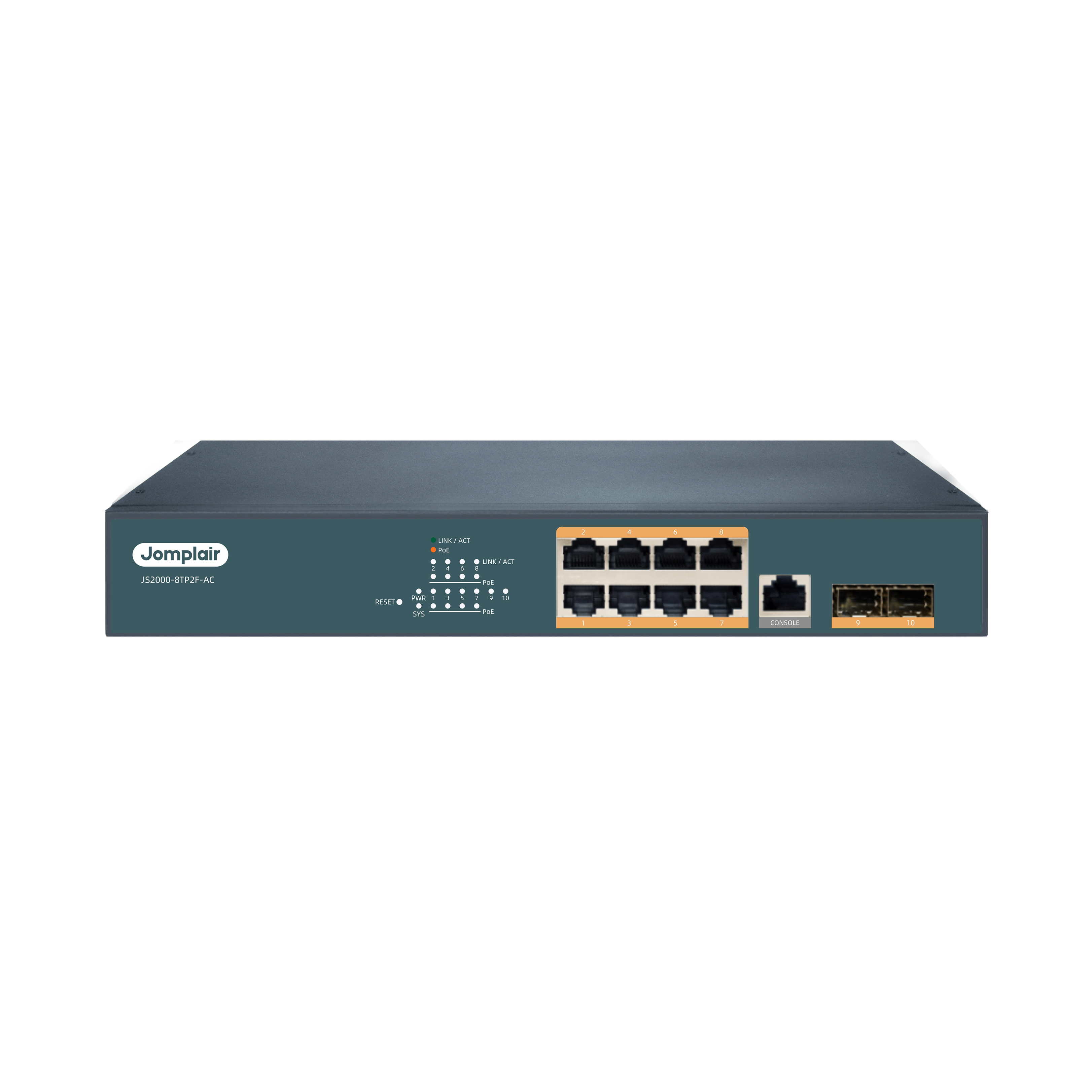 JS2000-8TP2F-AC, 8 x 1Gb RJ45, 2 x 1Gb SFP, L2+ Managed PoE+ Switch