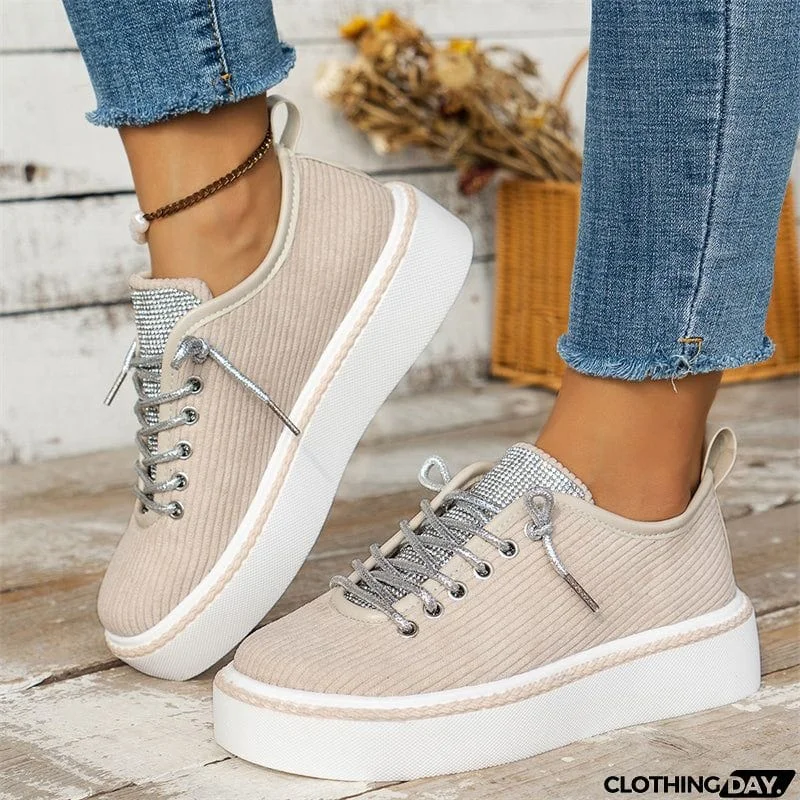 Women's Stylish Thick-Soled Round Toe Lace-Up Rhinestone Casual Shoes