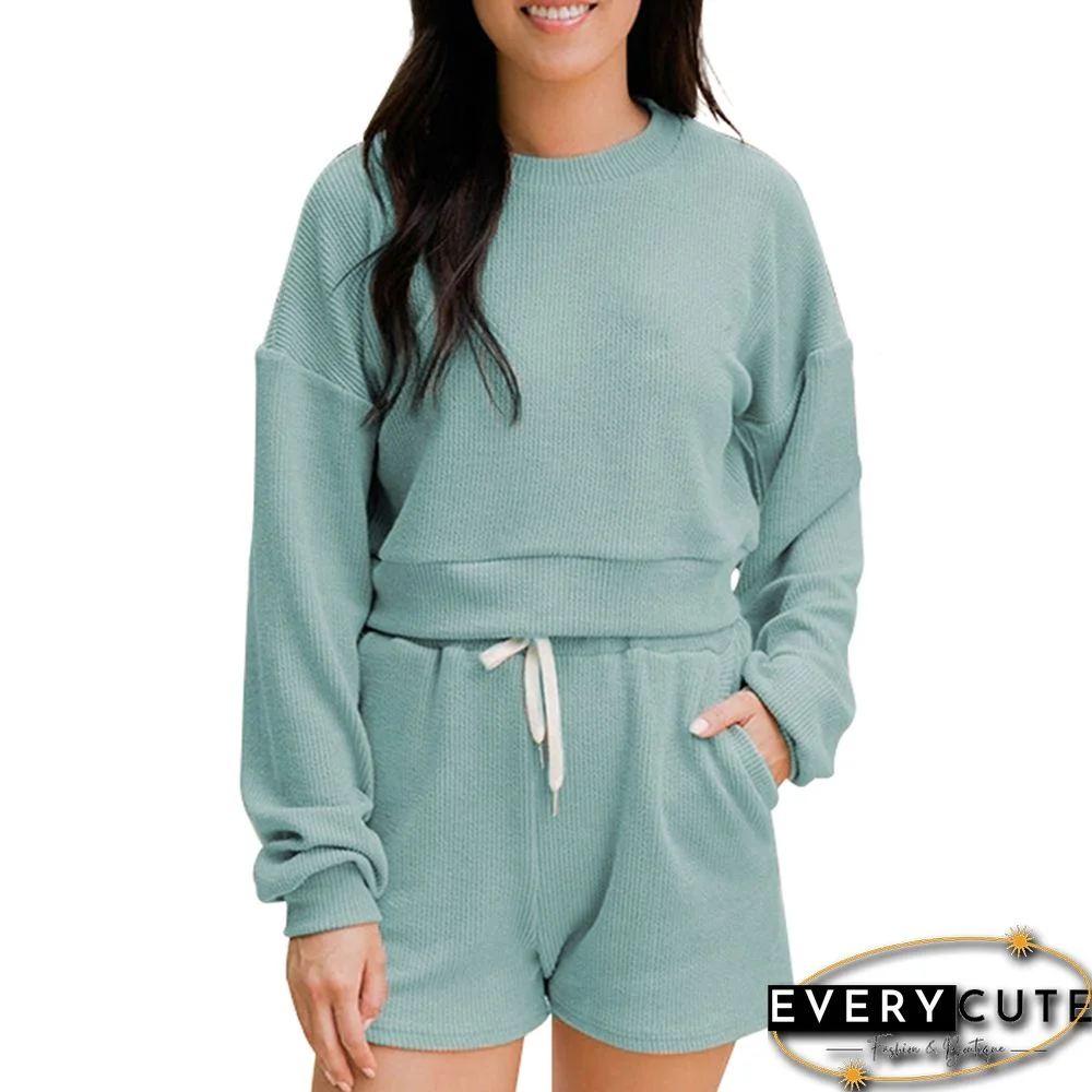 Aquamarine Blue Crew Neck Sweatshirt with Pocket Shorts Set