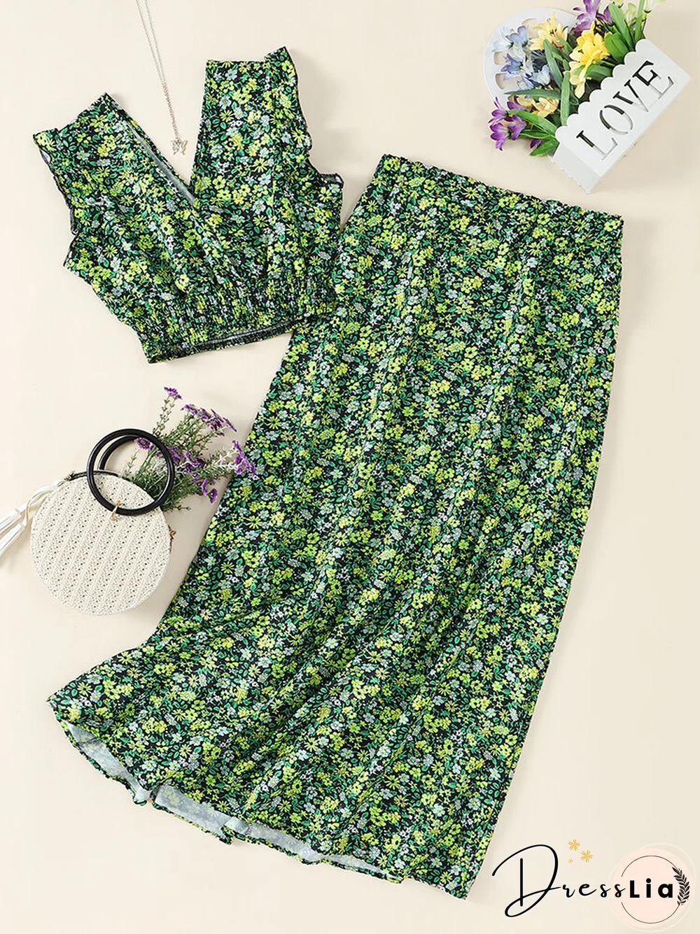 Floral Print Ruffle Elastic Waist V-neck Two Pieces Suit