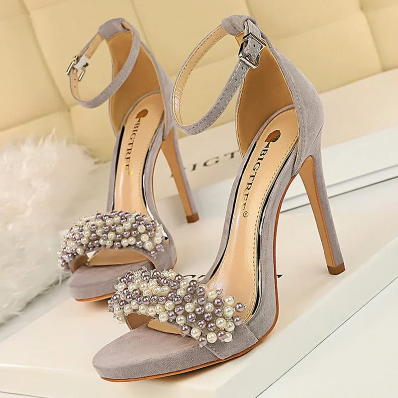 BIGTREE Shoes Pearl Rhinestones Super High Heels Suede Women Heels Sexy Party Shoes Summer Women Sandals Stiletto Women Pumps