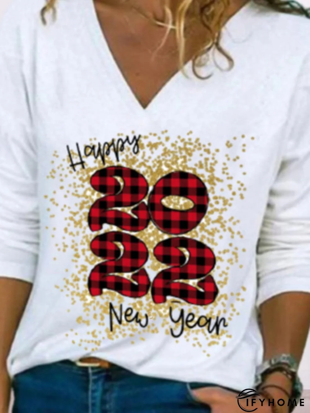 Happy New Year Long Sleeve V Neck Printed Top Tunic T-Shirt | IFYHOME