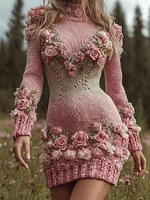 Women's Pink Rose Embroidered Art Knit Turtleneck Mini Sweater Dress