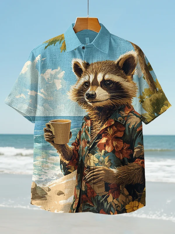 Men's Raccoon Drinking Coffee At The Beach Art Print Short Sleeve Shirt