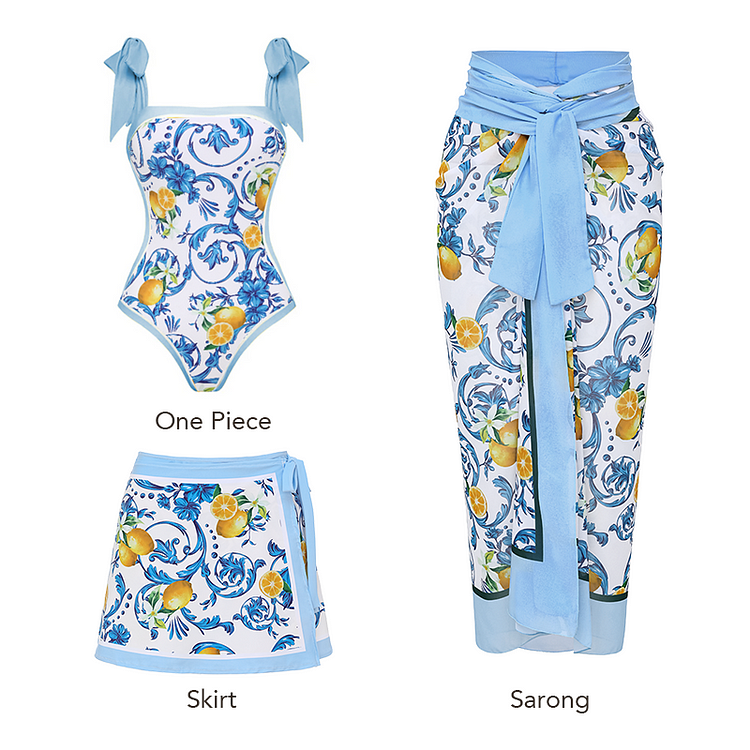 Lemon Print Tie-shoulder One Piece Swimsuit and Sarong or Skirt Flaxmaker