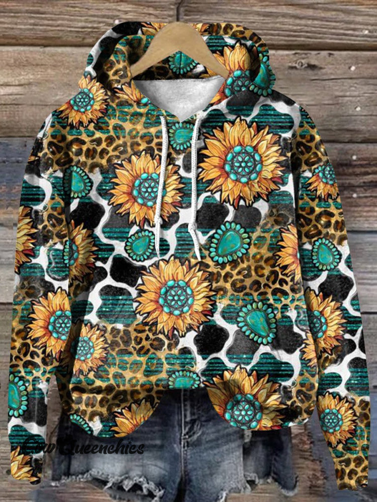Vintage Turquoise Sunflower Art Print Casual Hoodie Sweatshirt Multicolor / S