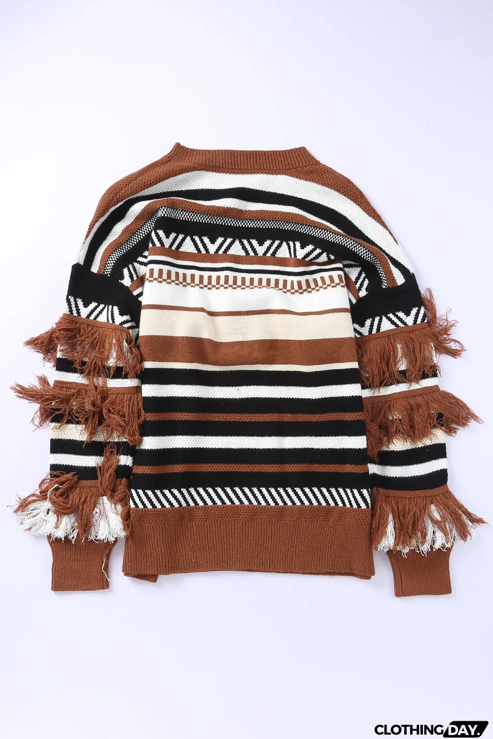 Multicolor Round Neck Striped Sweater with Fringe
