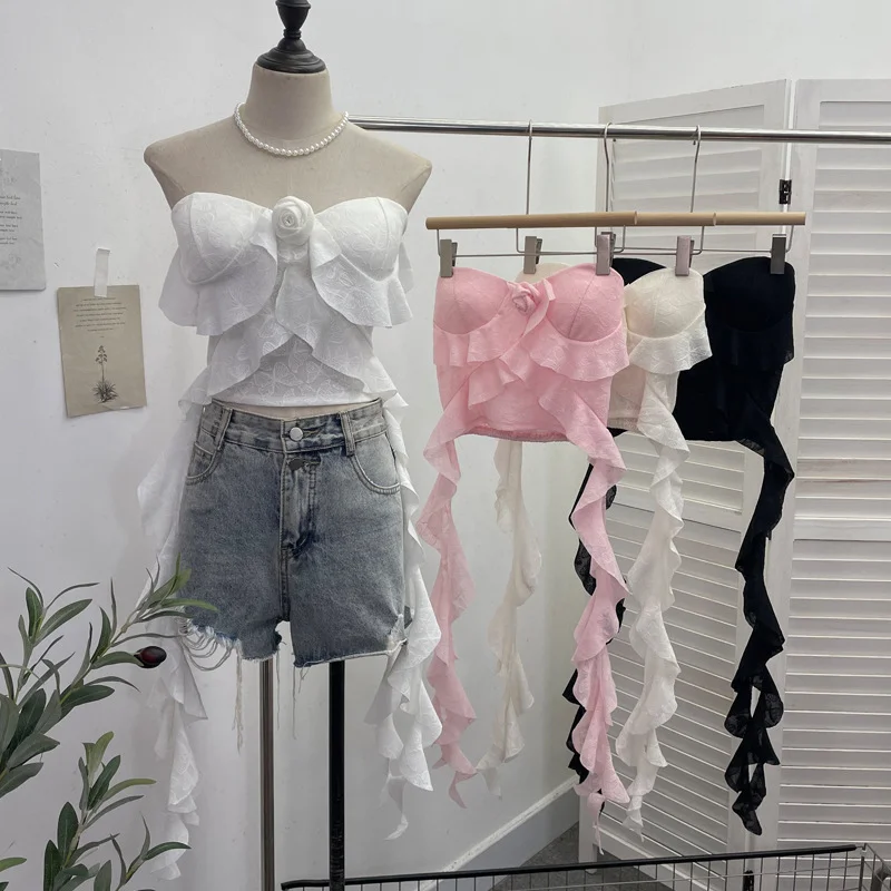 Uveng Real Shooting Lotus Leaf Side Flowers Sleeveless Chest Pads With Chest Vest Pure Desire Style Short-Term Wear 8852