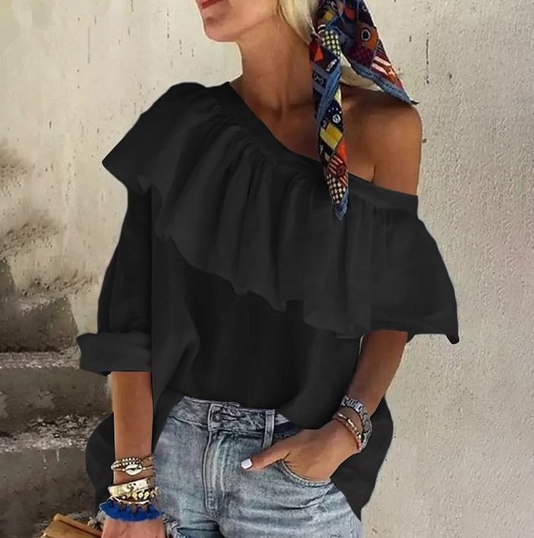 One Shoulder Ruffle Layer Half Sleeve Solid Blouse - Chicaggo