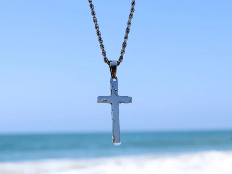 Men Cross Necklace, Mens Necklace, Cross Pendant with Rope Chain, Silver Cross Necklace for Men