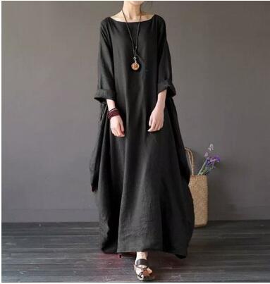 Women Vintage Autumn Dress Vestidos Long Sleeve Solid Cotton Linen Loose Dress Robe Casual Dresses  Women's Clothing