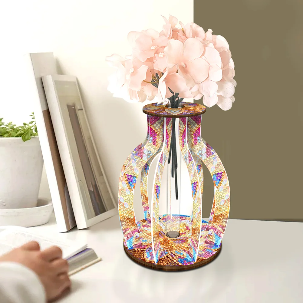 DIY Wood Mandala Diamond Painting Flower Vase Ornaments for Home Office Decor