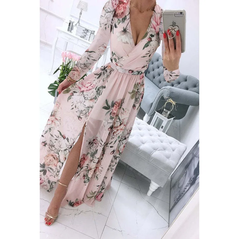 Pink Floral Long Sleeve Side Split High Waist Bohemia Maxi Dress