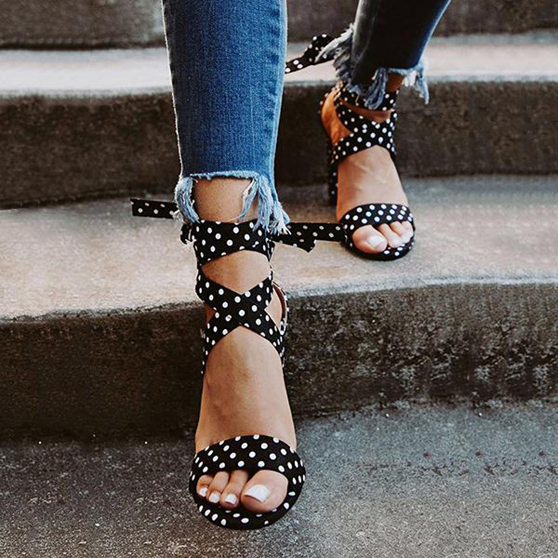 GOOSHOE Black Polka Dots Chunky Heels Open Toe Ankle Strap Sandals