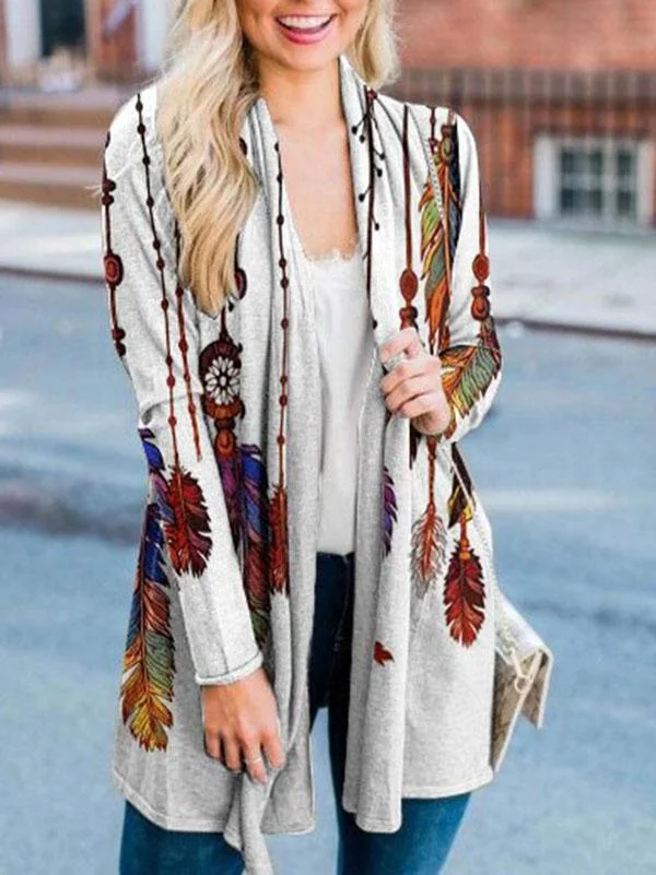 Ladies ethnic feather element printed casual coat
