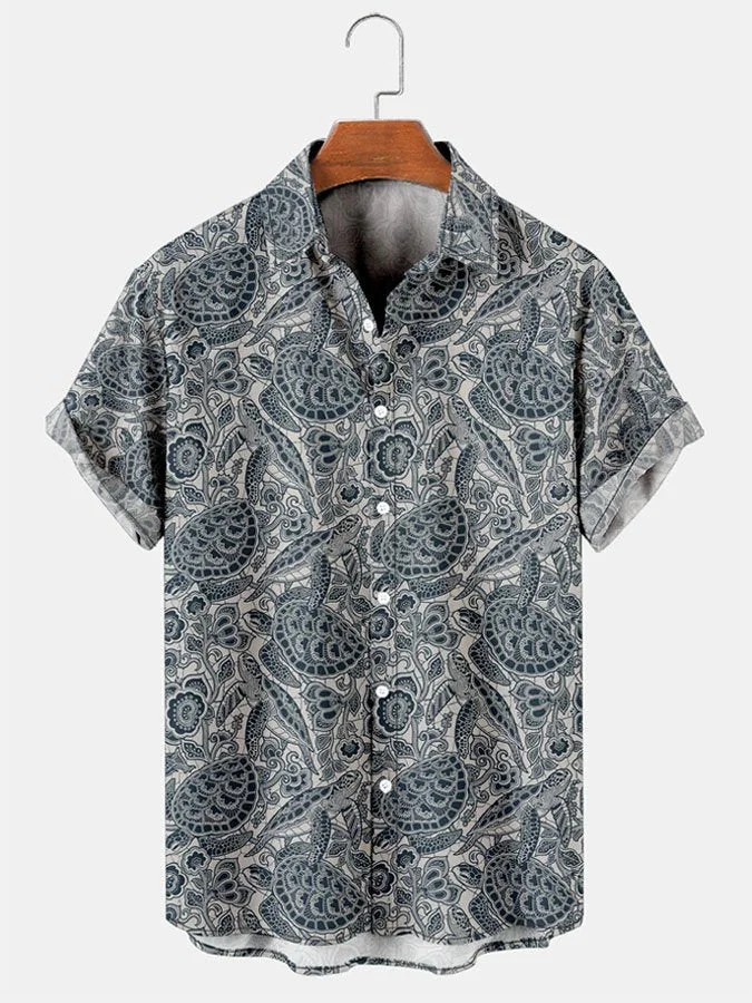Mens Turtle Ocean Creatures Print Casual Breathable Hawaiian Short Sleeve Shirt