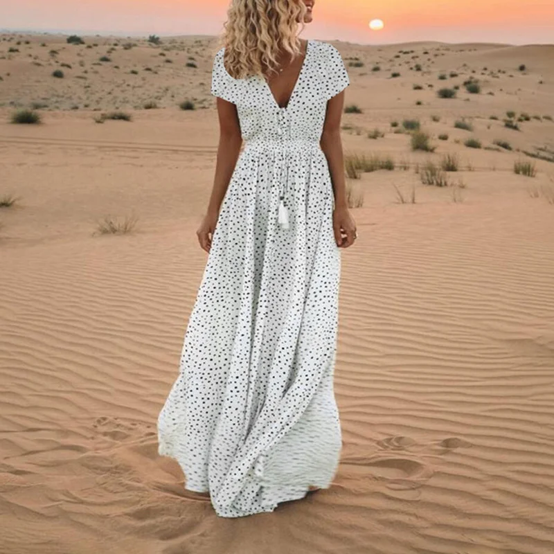 Polka Dot V-Neck Short Sleeve Maxi Dress